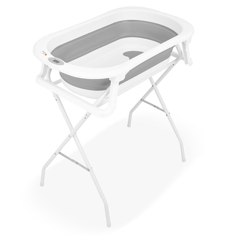 Cadita de baie pliabila, Qmini, Foldy Pro, Cu suport metalic si pernuta de baie, Cu termometru electronic, Cu dop si furtun pentru scurgere, Antiderapanta, 80×49 cm, Alb/Gri