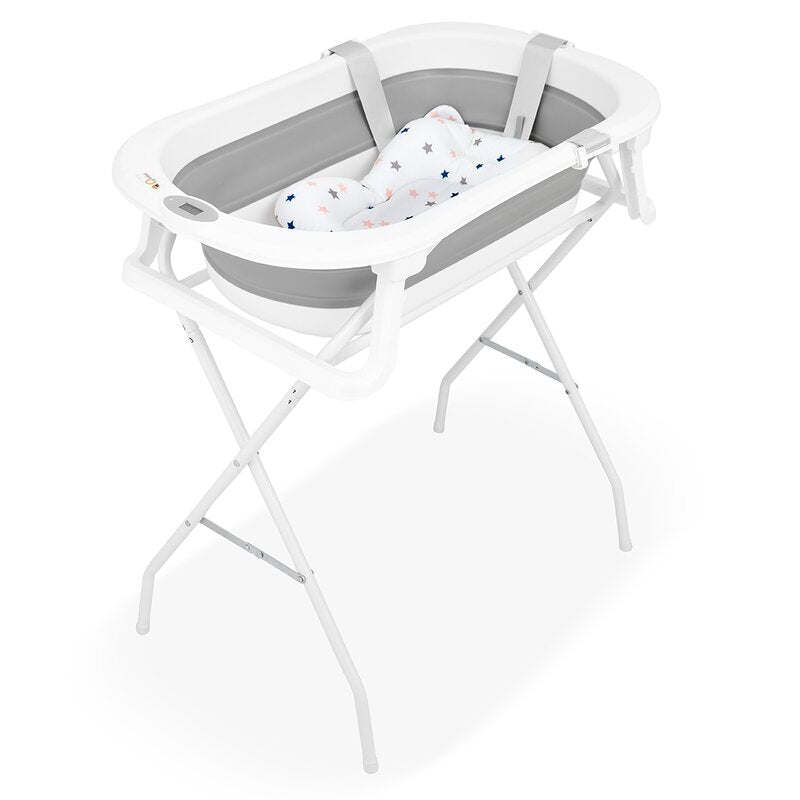 Cadita de baie pliabila, Qmini, Foldy Pro, Cu suport metalic si pernuta de baie, Cu termometru electronic, Cu dop si furtun pentru scurgere, Antiderapanta, 80×49 cm, Alb/Gri