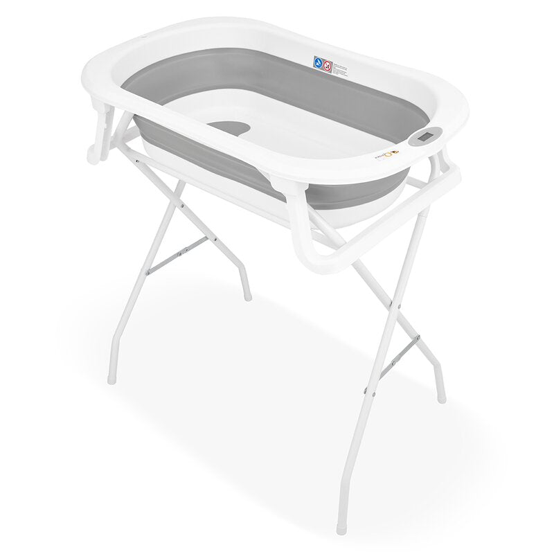 Cadita de baie pliabila, Qmini, Foldy Pro, Cu suport metalic si pernuta de baie, Cu termometru electronic, Cu dop si furtun pentru scurgere, Antiderapanta, 80×49 cm, Alb/Gri