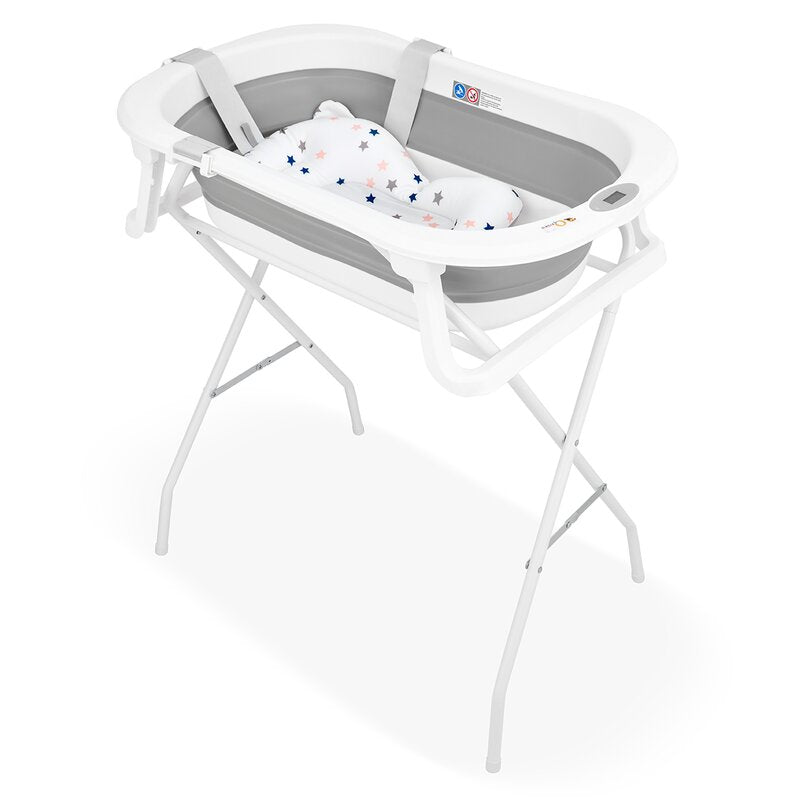 Cadita de baie pliabila, Qmini, Foldy Pro, Cu suport metalic si pernuta de baie, Cu termometru electronic, Cu dop si furtun pentru scurgere, Antiderapanta, 80×49 cm, Alb/Gri