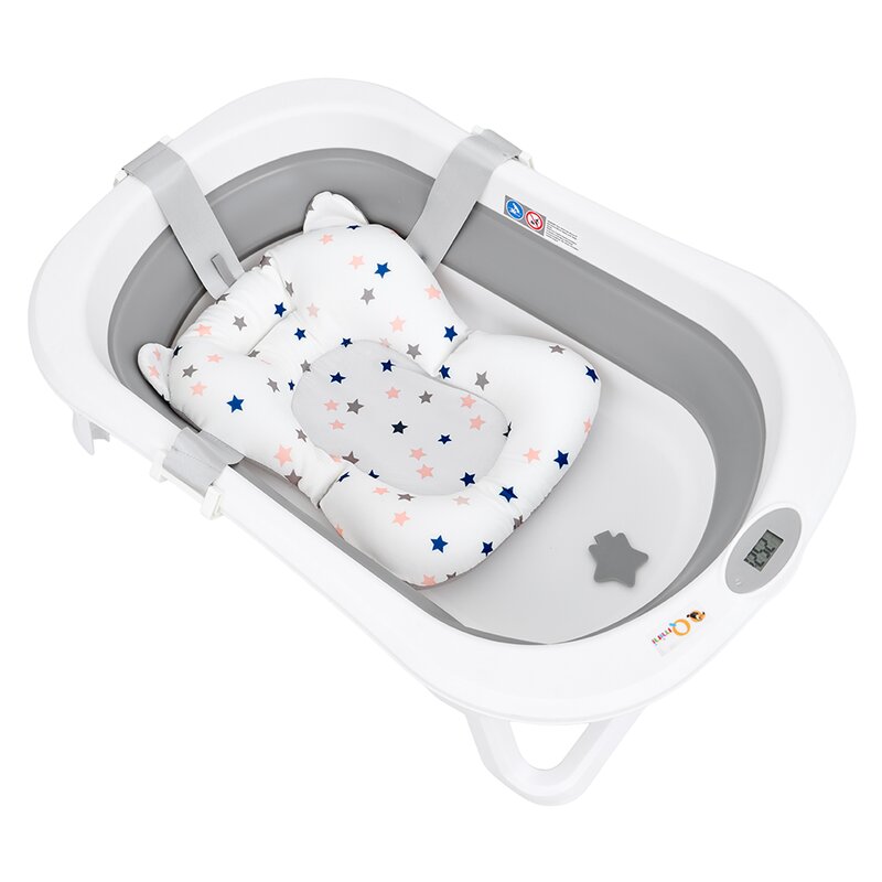 Cadita de baie pliabila, Qmini, Foldy Pro, Cu suport metalic si pernuta de baie, Cu termometru electronic, Cu dop si furtun pentru scurgere, Antiderapanta, 80×49 cm, Alb/Gri
