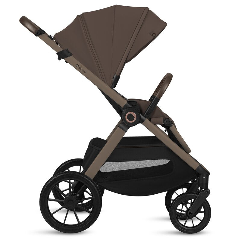 Carucior 2 in 1, Lionelo, Layla, Pana la 22 kg, Cadru aluminiu, Cu landou intarit si salteluta din spuma AirDots, Reversibil, Cu ventilatie 3D, Cu accesorii, EN1888-1-2, EN1466, Maro