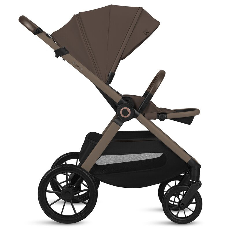 Carucior 2 in 1, Lionelo, Layla, Pana la 22 kg, Cadru aluminiu, Cu landou intarit si salteluta din spuma AirDots, Reversibil, Cu ventilatie 3D, Cu accesorii, EN1888-1-2, EN1466, Maro