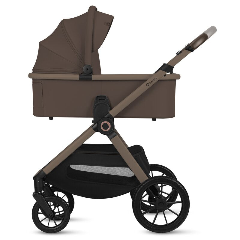 Carucior 2 in 1, Lionelo, Layla, Pana la 22 kg, Cadru aluminiu, Cu landou intarit si salteluta din spuma AirDots, Reversibil, Cu ventilatie 3D, Cu accesorii, EN1888-1-2, EN1466, Maro