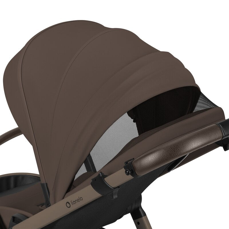 Carucior 2 in 1, Lionelo, Layla, Pana la 22 kg, Cadru aluminiu, Cu landou intarit si salteluta din spuma AirDots, Reversibil, Cu ventilatie 3D, Cu accesorii, EN1888-1-2, EN1466, Maro