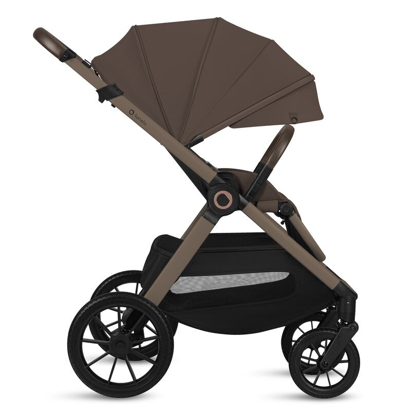 Carucior 2 in 1, Lionelo, Layla, Pana la 22 kg, Cadru aluminiu, Cu landou intarit si salteluta din spuma AirDots, Reversibil, Cu ventilatie 3D, Cu accesorii, EN1888-1-2, EN1466, Maro