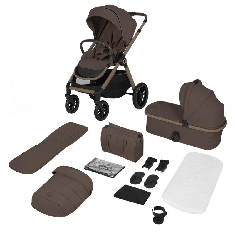 Carucior 2 in 1, Lionelo, Layla, Pana la 22 kg, Cadru aluminiu, Cu landou intarit si salteluta din spuma AirDots, Reversibil, Cu ventilatie 3D, Cu accesorii, EN1888-1-2, EN1466, Maro
