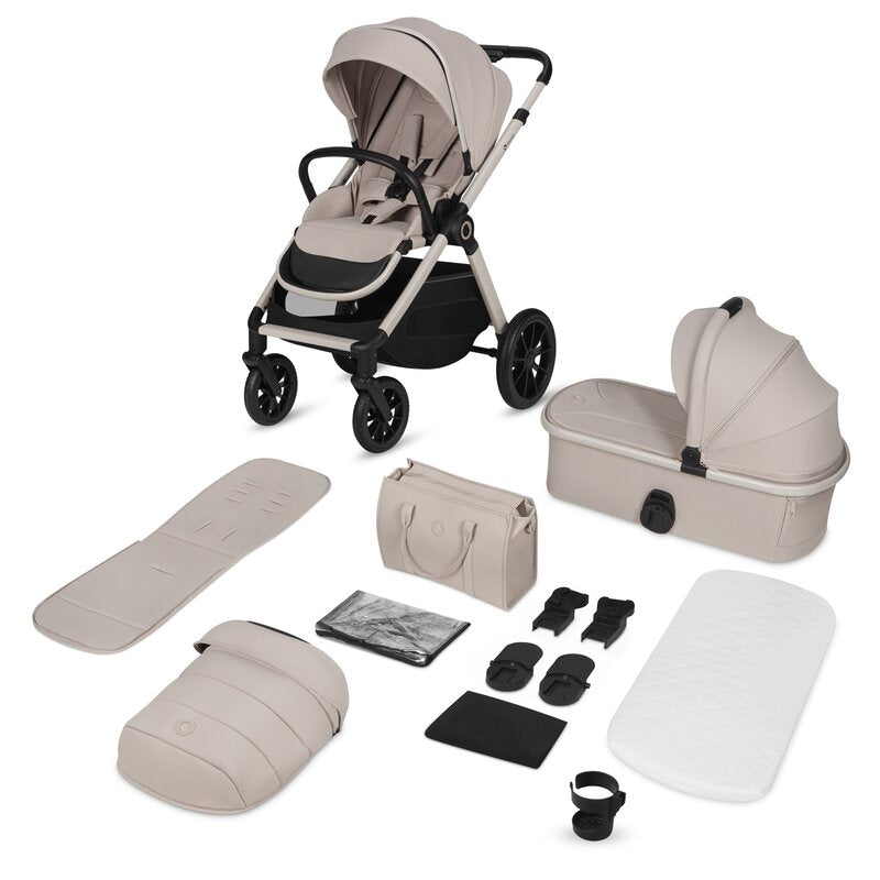 Carucior 2 in 1, Lionelo, Layla, Pana la 22 kg, Cadru aluminiu, Cu landou intarit si salteluta din spuma AirDots, Reversibil, Cu ventilatie 3D, Cu accesorii, EN1888-1, EN1888-2, EN1466, Bej