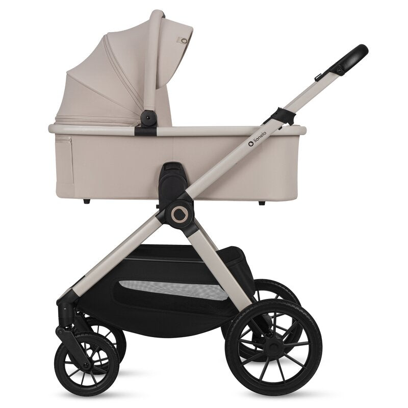 Carucior 2 in 1, Lionelo, Layla, Pana la 22 kg, Cadru aluminiu, Cu landou intarit si salteluta din spuma AirDots, Reversibil, Cu ventilatie 3D, Cu accesorii, EN1888-1, EN1888-2, EN1466, Bej