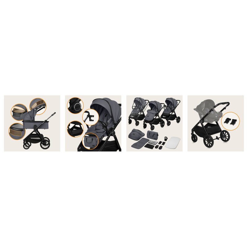 Carucior 2 in 1, Lionelo, Layla, Pana la 22 kg, Cadru aluminiu, Cu landou intarit si salteluta din spuma AirDots, Reversibil, Cu ventilatie 3D, Cu accesorii, EN1888-1, EN1888-2, EN1466, Gri