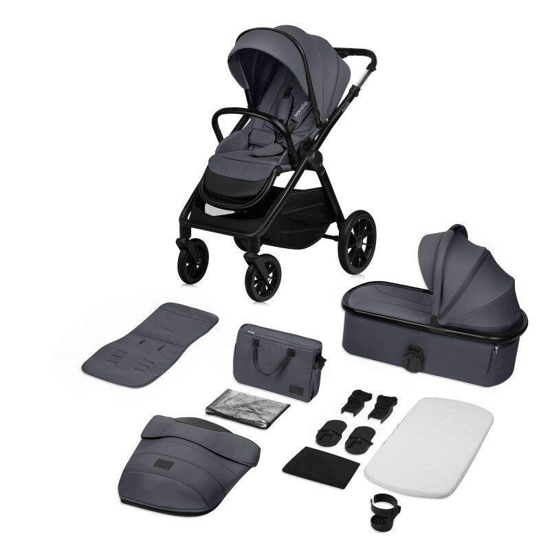 Carucior 2 in 1, Lionelo, Layla, Pana la 22 kg, Cadru aluminiu, Cu landou intarit si salteluta din spuma AirDots, Reversibil, Cu ventilatie 3D, Cu accesorii, EN1888-1, EN1888-2, EN1466, Gri