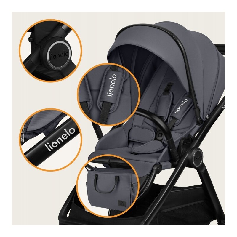 Carucior 2 in 1, Lionelo, Layla, Pana la 22 kg, Cadru aluminiu, Cu landou intarit si salteluta din spuma AirDots, Reversibil, Cu ventilatie 3D, Cu accesorii, EN1888-1, EN1888-2, EN1466, Gri