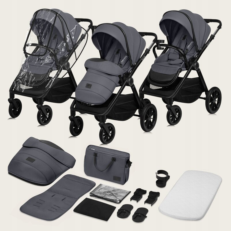 Carucior 2 in 1, Lionelo, Layla, Pana la 22 kg, Cadru aluminiu, Cu landou intarit si salteluta din spuma AirDots, Reversibil, Cu ventilatie 3D, Cu accesorii, EN1888-1, EN1888-2, EN1466, Gri