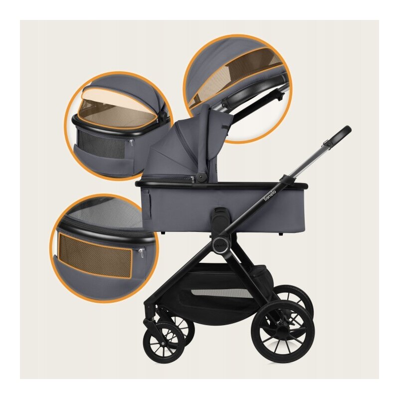 Carucior 2 in 1, Lionelo, Layla, Pana la 22 kg, Cadru aluminiu, Cu landou intarit si salteluta din spuma AirDots, Reversibil, Cu ventilatie 3D, Cu accesorii, EN1888-1, EN1888-2, EN1466, Gri