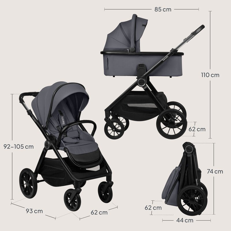 Carucior 2 in 1, Lionelo, Layla, Pana la 22 kg, Cadru aluminiu, Cu landou intarit si salteluta din spuma AirDots, Reversibil, Cu ventilatie 3D, Cu accesorii, EN1888-1, EN1888-2, EN1466, Gri