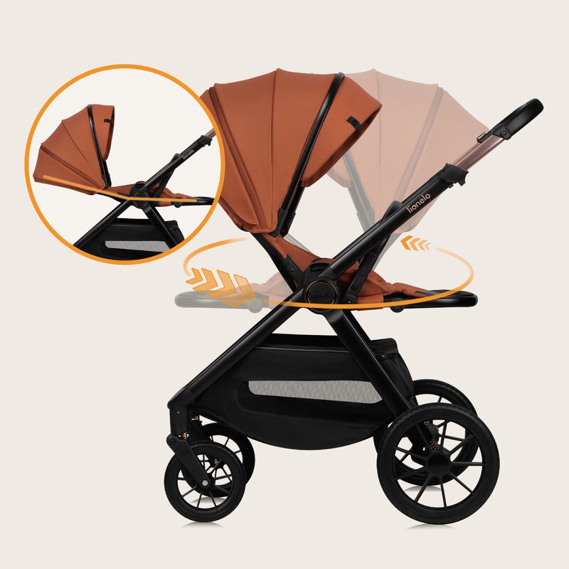 Carucior 2 in 1, Lionelo, Layla, Pana la 22 kg, Cadru aluminiu, Cu landou intarit si salteluta din spuma AirDots, Reversibil, Cu ventilatie 3D, Cu accesorii, EN1888-1, EN1888-2, EN1466, Maro