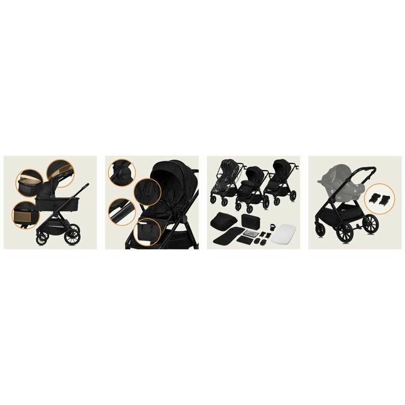 Carucior 2 in 1, Lionelo, Layla, Pana la 22 kg, Cadru aluminiu, Cu landou intarit si salteluta din spuma AirDots, Reversibil, Cu ventilatie 3D, Cu accesorii, EN1888-1, EN1888-2, EN1466, Negru