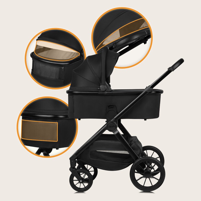 Carucior 2 in 1, Lionelo, Layla, Pana la 22 kg, Cadru aluminiu, Cu landou intarit si salteluta din spuma AirDots, Reversibil, Cu ventilatie 3D, Cu accesorii, EN1888-1, EN1888-2, EN1466, Negru