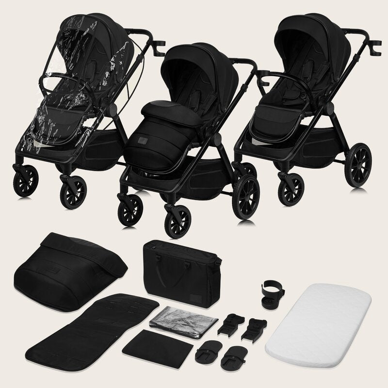 Carucior 2 in 1, Lionelo, Layla, Pana la 22 kg, Cadru aluminiu, Cu landou intarit si salteluta din spuma AirDots, Reversibil, Cu ventilatie 3D, Cu accesorii, EN1888-1, EN1888-2, EN1466, Negru
