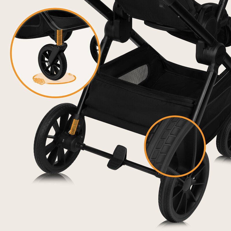 Carucior 2 in 1, Lionelo, Layla, Pana la 22 kg, Cadru aluminiu, Cu landou intarit si salteluta din spuma AirDots, Reversibil, Cu ventilatie 3D, Cu accesorii, EN1888-1, EN1888-2, EN1466, Negru
