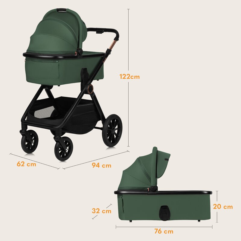 Carucior 2 in 1, Lionelo, Layla, Pana la 22 kg, Cadru aluminiu, Cu landou intarit si salteluta din spuma AirDots, Reversibil, Cu ventilatie 3D, Cu accesorii, EN1888-1, EN1888-2, EN1466, Verde