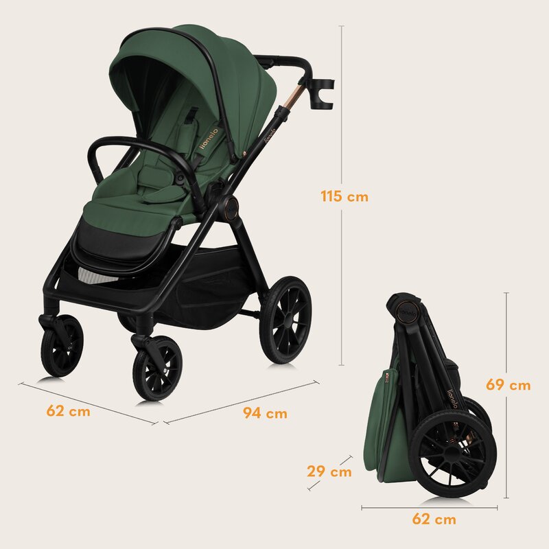 Carucior 2 in 1, Lionelo, Layla, Pana la 22 kg, Cadru aluminiu, Cu landou intarit si salteluta din spuma AirDots, Reversibil, Cu ventilatie 3D, Cu accesorii, EN1888-1, EN1888-2, EN1466, Verde