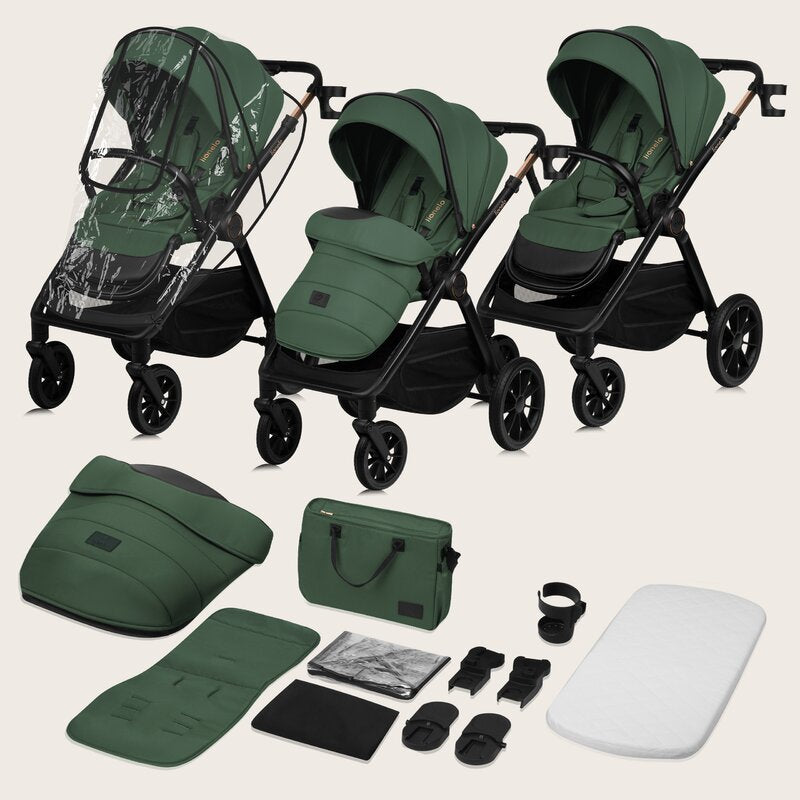 Carucior 2 in 1, Lionelo, Layla, Pana la 22 kg, Cadru aluminiu, Cu landou intarit si salteluta din spuma AirDots, Reversibil, Cu ventilatie 3D, Cu accesorii, EN1888-1, EN1888-2, EN1466, Verde