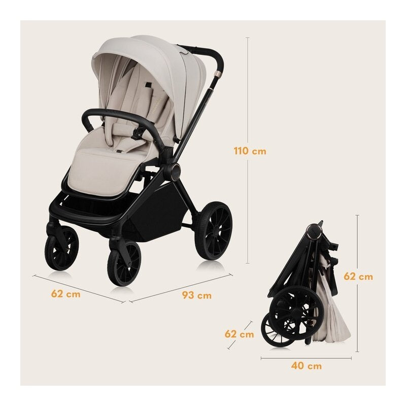 Carucior 2 in 1, Lionelo, Mika Plus, Cadru din aluminiu, Cu landou intarit si salteluta moale, Reversibil, Cu sistem de ventilatie 3D, Cu accesorii, Pana la 22 kg, Conform cu EN1888-1 EN1888-2, EN1466, Bej
