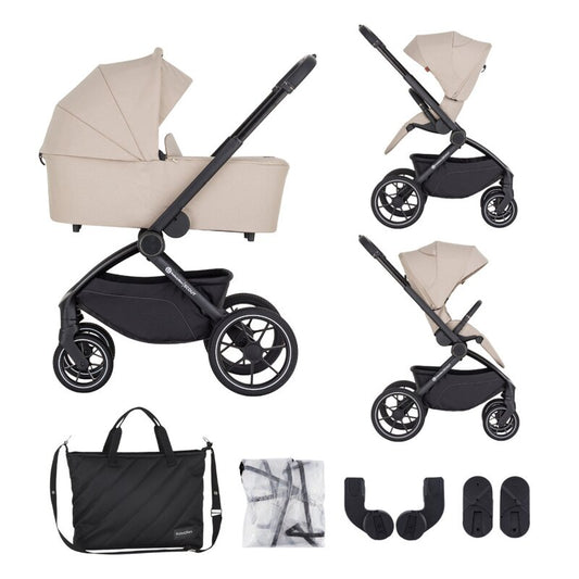 Carucior 2 in 1, Petite&Mars, Scout, Cu landou pliabil, Reversibil, Spatar si suport de picioare reglabile in 3 pozitii, Maner ajustabil, Cu accesorii, Pana la 22 kg, 0 luni+, Bej