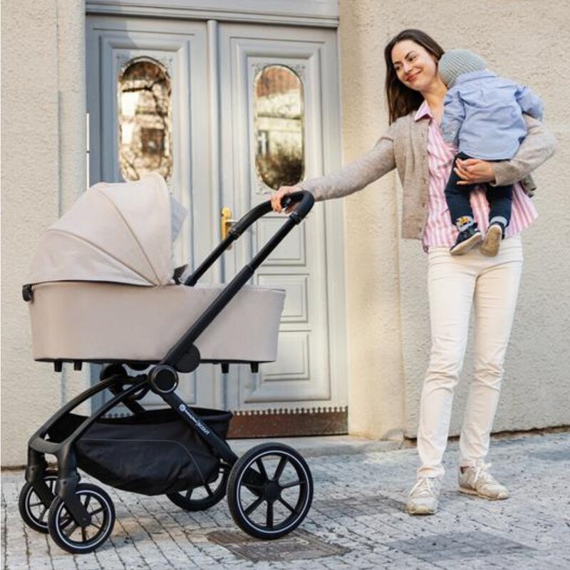 Carucior 2 in 1, Petite&Mars, Scout, Cu landou pliabil, Reversibil, Spatar si suport de picioare reglabile in 3 pozitii, Maner ajustabil, Cu accesorii, Pana la 22 kg, 0 luni+, Bej