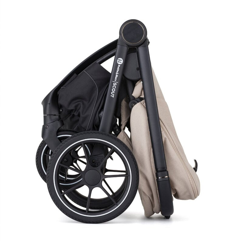 Carucior 2 in 1, Petite&Mars, Scout, Cu landou pliabil, Reversibil, Spatar si suport de picioare reglabile in 3 pozitii, Maner ajustabil, Cu accesorii, Pana la 22 kg, 0 luni+, Bej