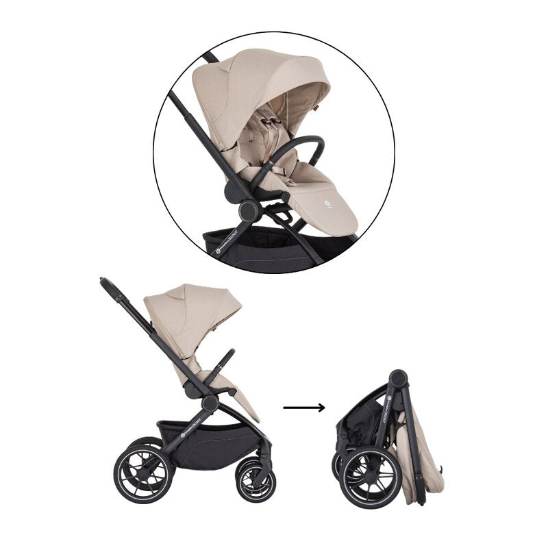 Carucior 2 in 1, Petite&Mars, Scout, Cu landou pliabil, Reversibil, Spatar si suport de picioare reglabile in 3 pozitii, Maner ajustabil, Cu accesorii, Pana la 22 kg, 0 luni+, Bej