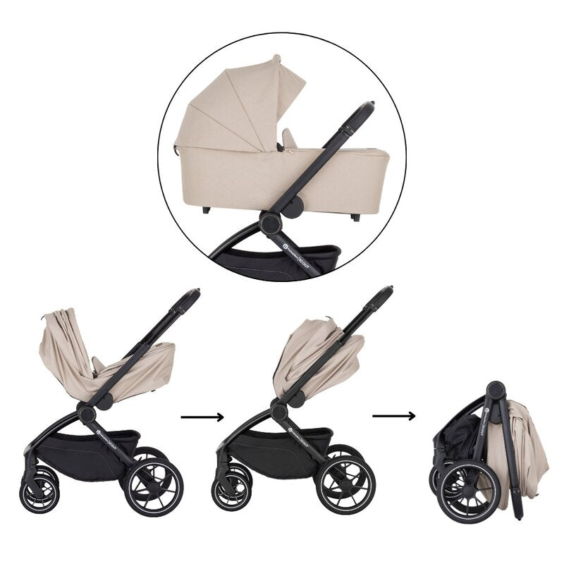 Carucior 2 in 1, Petite&Mars, Scout, Cu landou pliabil, Reversibil, Spatar si suport de picioare reglabile in 3 pozitii, Maner ajustabil, Cu accesorii, Pana la 22 kg, 0 luni+, Bej