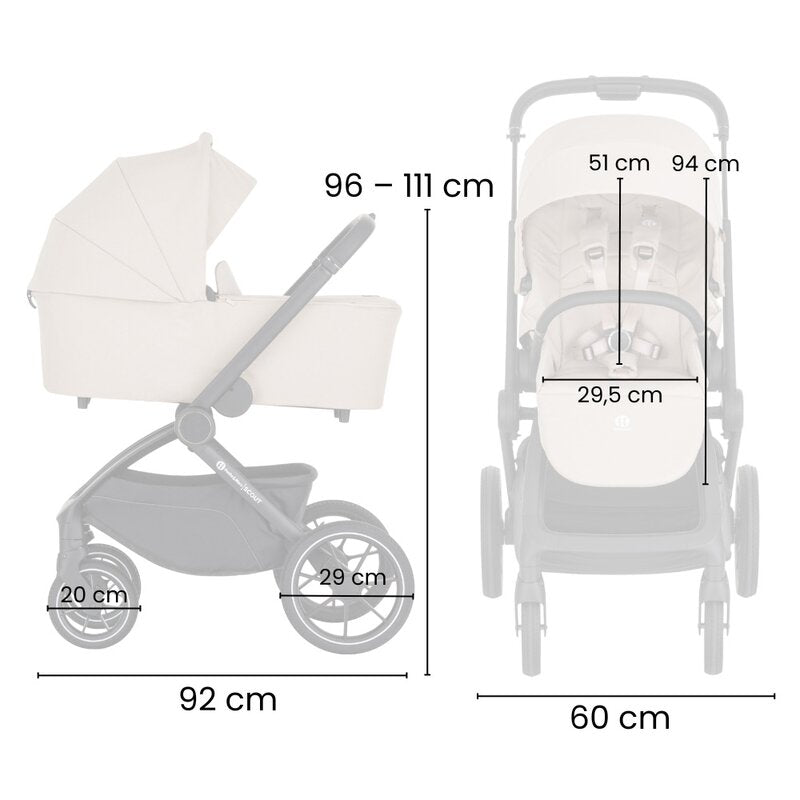 Carucior 2 in 1, Petite&Mars, Scout, Cu landou pliabil, Reversibil, Spatar si suport de picioare reglabile in 3 pozitii, Maner ajustabil, Cu accesorii, Pana la 22 kg, 0 luni+, Bej