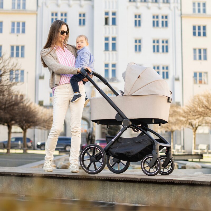 Carucior 2 in 1, Petite&Mars, Scout, Cu landou pliabil, Reversibil, Spatar si suport de picioare reglabile in 3 pozitii, Maner ajustabil, Cu accesorii, Pana la 22 kg, 0 luni+, Crem Cappuccino