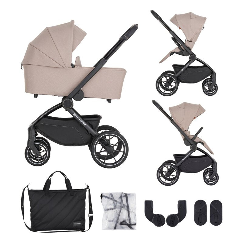 Carucior 2 in 1, Petite&Mars, Scout, Cu landou pliabil, Reversibil, Spatar si suport de picioare reglabile in 3 pozitii, Maner ajustabil, Cu accesorii, Pana la 22 kg, 0 luni+, Crem Cappuccino