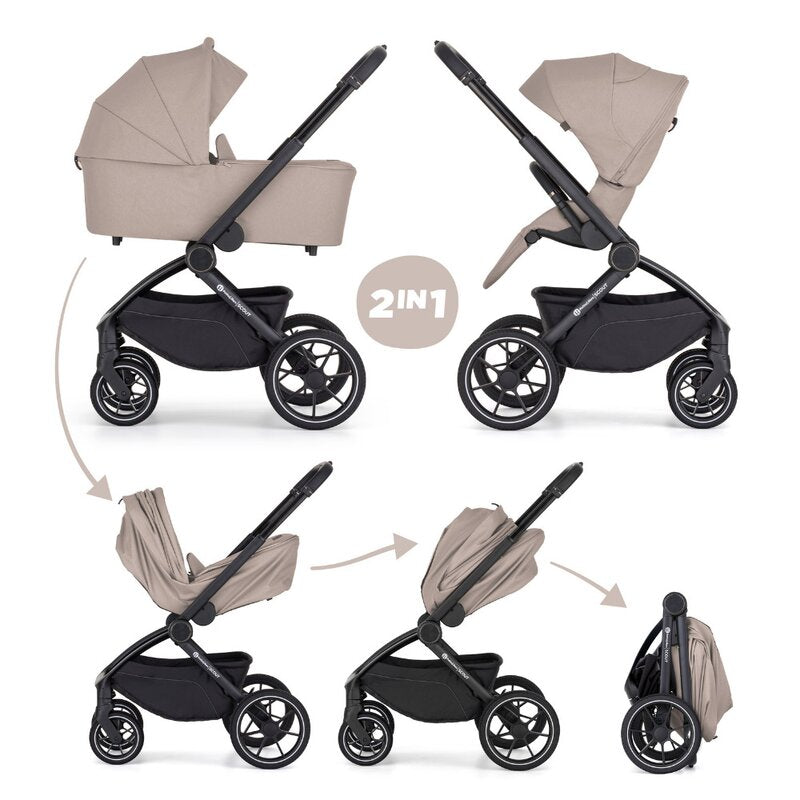 Carucior 2 in 1, Petite&Mars, Scout, Cu landou pliabil, Reversibil, Spatar si suport de picioare reglabile in 3 pozitii, Maner ajustabil, Cu accesorii, Pana la 22 kg, 0 luni+, Crem Cappuccino
