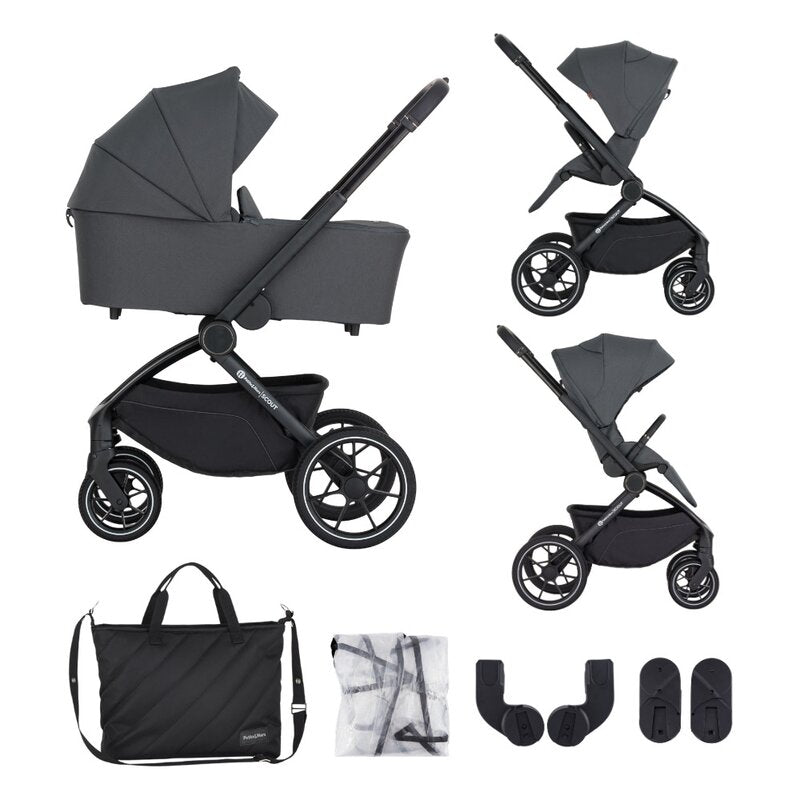 Carucior 2 in 1, Petite&Mars, Scout, Cu landou pliabil, Reversibil, Spatar si suport de picioare reglabile in 3 pozitii, Maner ajustabil, Cu accesorii, Pana la 22 kg, 0 luni+, Gri