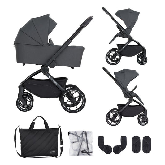 Carucior 2 in 1, Petite&Mars, Scout, Cu landou pliabil, Reversibil, Spatar si suport de picioare reglabile in 3 pozitii, Maner ajustabil, Cu accesorii, Pana la 22 kg, 0 luni+, Gri