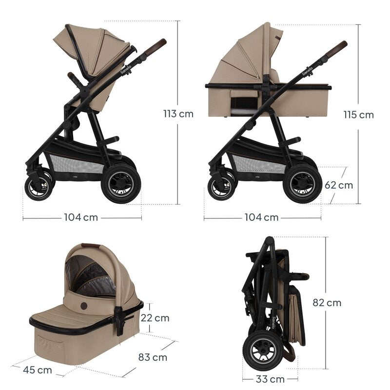 Carucior 3 in 1, Lionelo, Amber, Landou intarit, Scoica auto testata ADAC, Reversibil, Cu accesorii, Geanta parinti, Pana la 22 kg, Bej