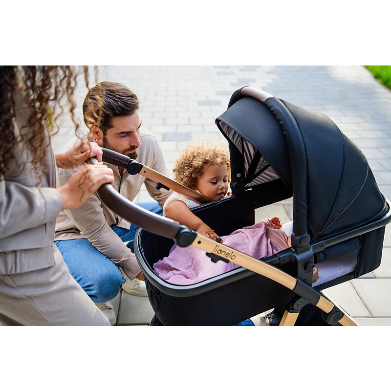 Carucior 3 in 1, Lionelo, Amber, Landou intarit, Scoica auto testata ADAC, Reversibil, Cu accesorii, Geanta parinti, Pana la 22 kg, Bej