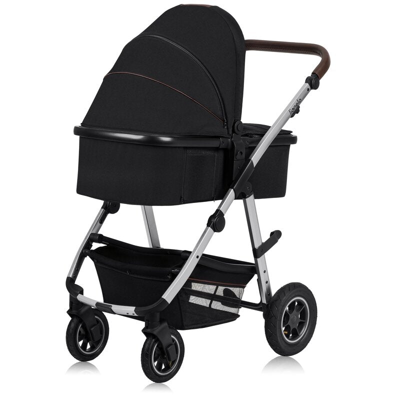 Carucior 3 in 1, Lionelo, Amber, Cadru aluminiu, Cu landou intarit si salteluta moale, Cu scoica auto testata ADAC, Reversibil, Cu accesorii, Geanta parinti, Pana la 22 kg, Negru silver