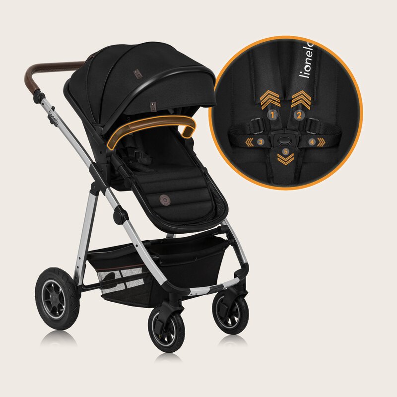 Carucior 3 in 1, Lionelo, Amber, Cadru aluminiu, Cu landou intarit si salteluta moale, Cu scoica auto testata ADAC, Reversibil, Cu accesorii, Geanta parinti, Pana la 22 kg, Negru silver