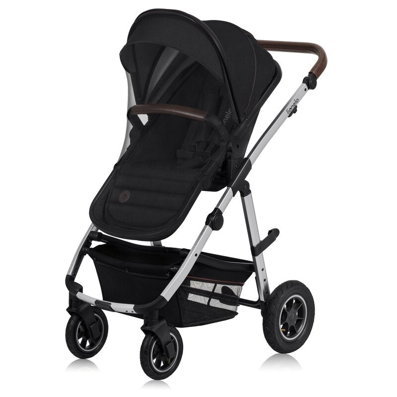 Carucior 3 in 1, Lionelo, Amber, Cadru aluminiu, Cu landou intarit si salteluta moale, Cu scoica auto testata ADAC, Reversibil, Cu accesorii, Geanta parinti, Pana la 22 kg, Negru silver