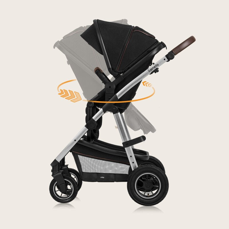 Carucior 3 in 1, Lionelo, Amber, Cadru aluminiu, Cu landou intarit si salteluta moale, Cu scoica auto testata ADAC, Reversibil, Cu accesorii, Geanta parinti, Pana la 22 kg, Negru silver