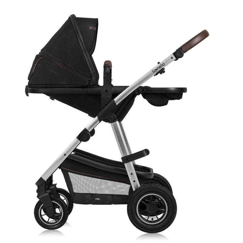 Carucior 3 in 1, Lionelo, Amber, Cadru aluminiu, Cu landou intarit si salteluta moale, Cu scoica auto testata ADAC, Reversibil, Cu accesorii, Geanta parinti, Pana la 22 kg, Negru silver