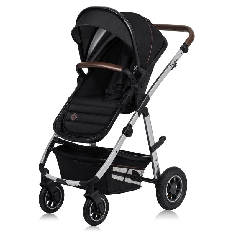 Carucior 3 in 1, Lionelo, Amber, Cadru aluminiu, Cu landou intarit si salteluta moale, Cu scoica auto testata ADAC, Reversibil, Cu accesorii, Geanta parinti, Pana la 22 kg, Negru silver