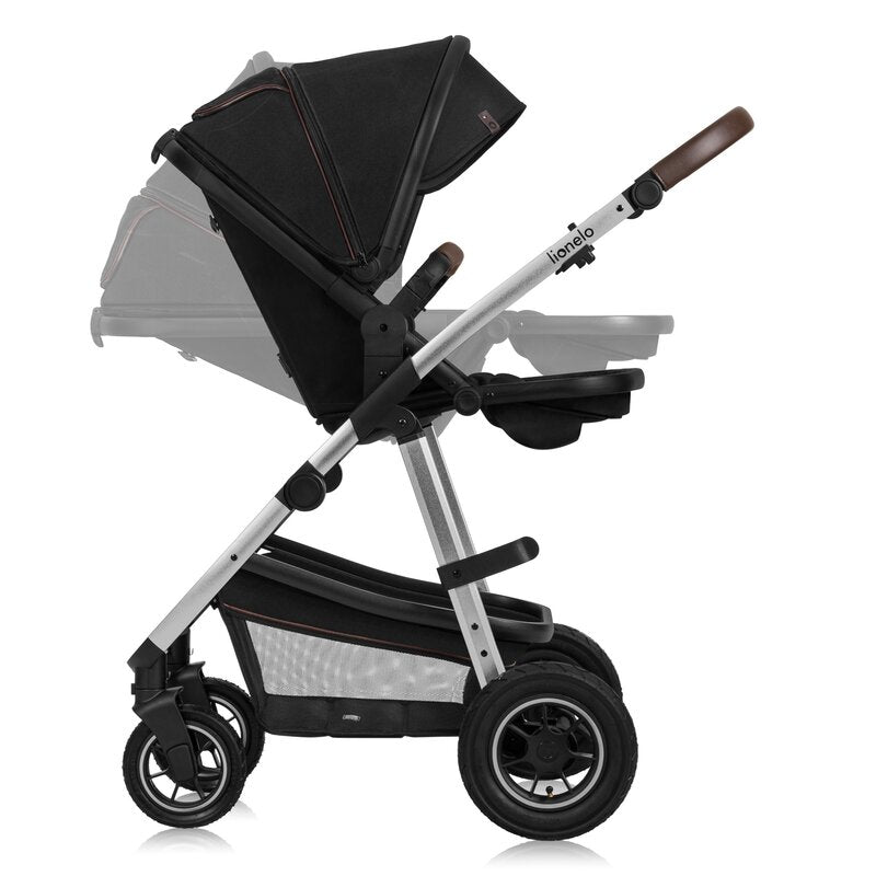 Carucior 3 in 1, Lionelo, Amber, Cadru aluminiu, Cu landou intarit si salteluta moale, Cu scoica auto testata ADAC, Reversibil, Cu accesorii, Geanta parinti, Pana la 22 kg, Negru silver
