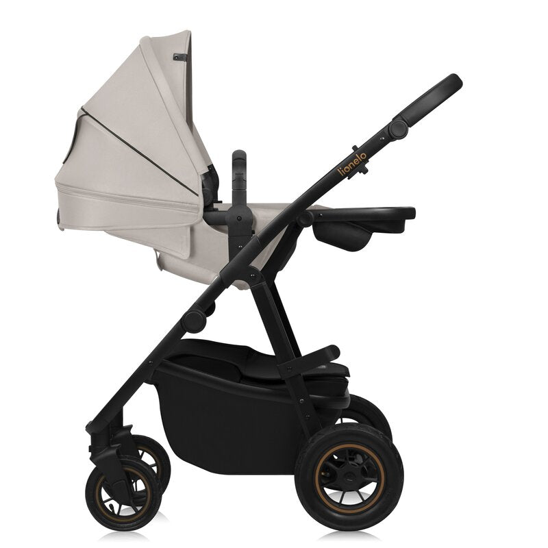 Carucior 3 in 1, Lionelo, Amber Plus, Cadru aluminiu, Cu landou intarit si salteluta moale, Cu scoica auto testata ADAC, Reversibil, Maner ajustabil, Cu accesorii, Cu ventilatie panoramica 3D, Pana la 22 kg, EN1888-1, EN1888-2, EN1466, ECE R129, Bej