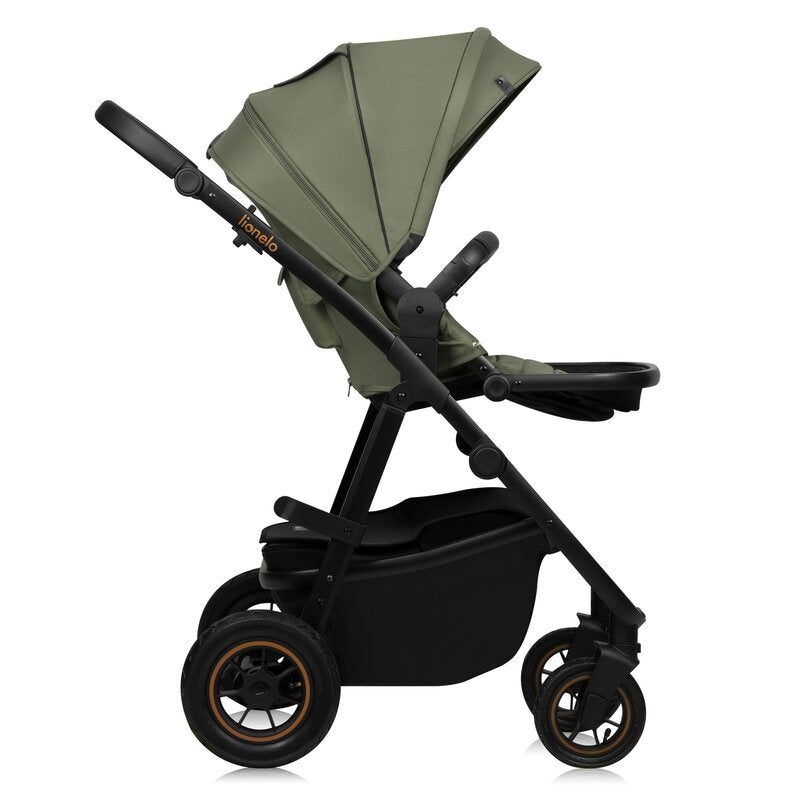 Carucior 3 in 1, Lionelo, Amber Plus, Cadru aluminiu, Cu landou intarit si salteluta moale, Cu scoica auto testata ADAC, Reversibil, Maner ajustabil, Cu accesorii, Cu ventilatie panoramica 3D, Pana la 22 kg, EN1888-1, EN1888-2, EN1466, ECE R129, Verde